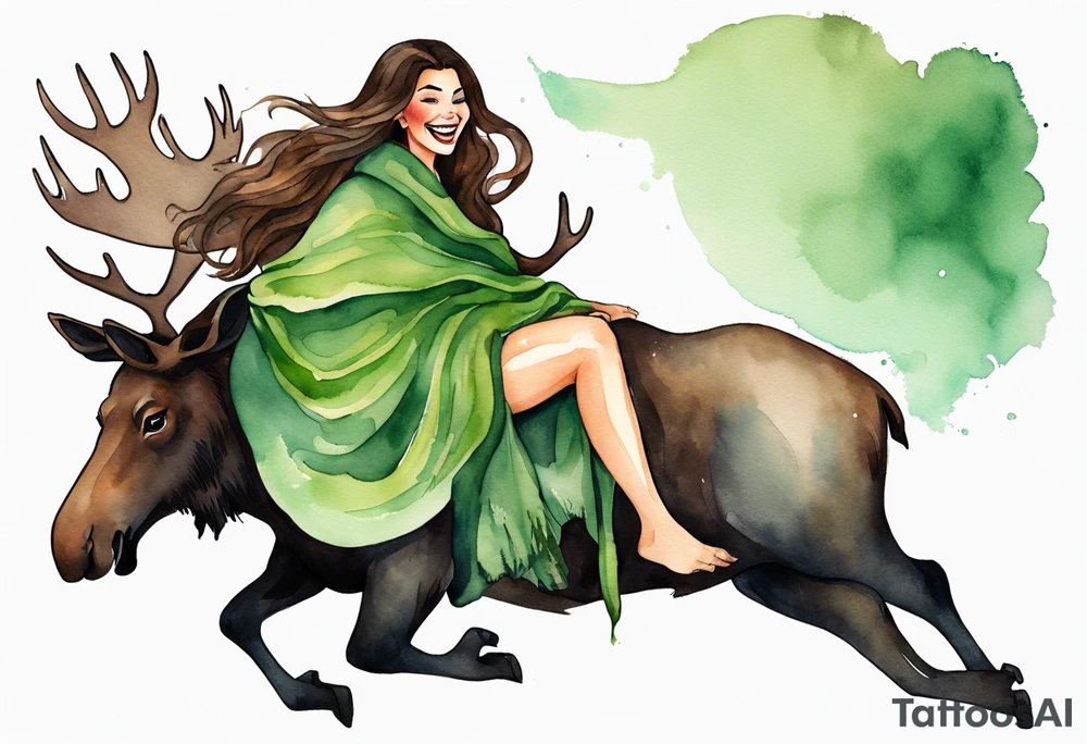 a watercolor of a curvy woman with long brown hair and brown skin and green eyes wearing a fur cloak laughing riding on the back of a moose tattoo idea