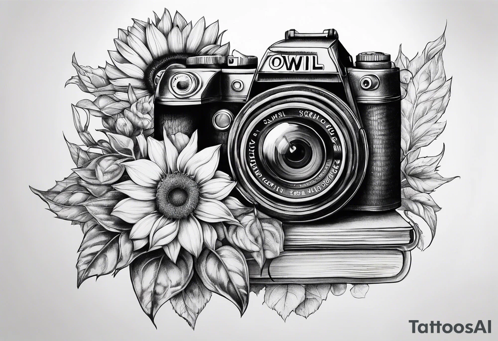 Sunflower, camera, book, owl, flower rose tattoo idea