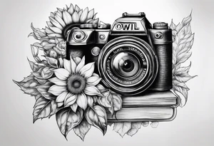 Sunflower, camera, book, owl, flower rose tattoo idea