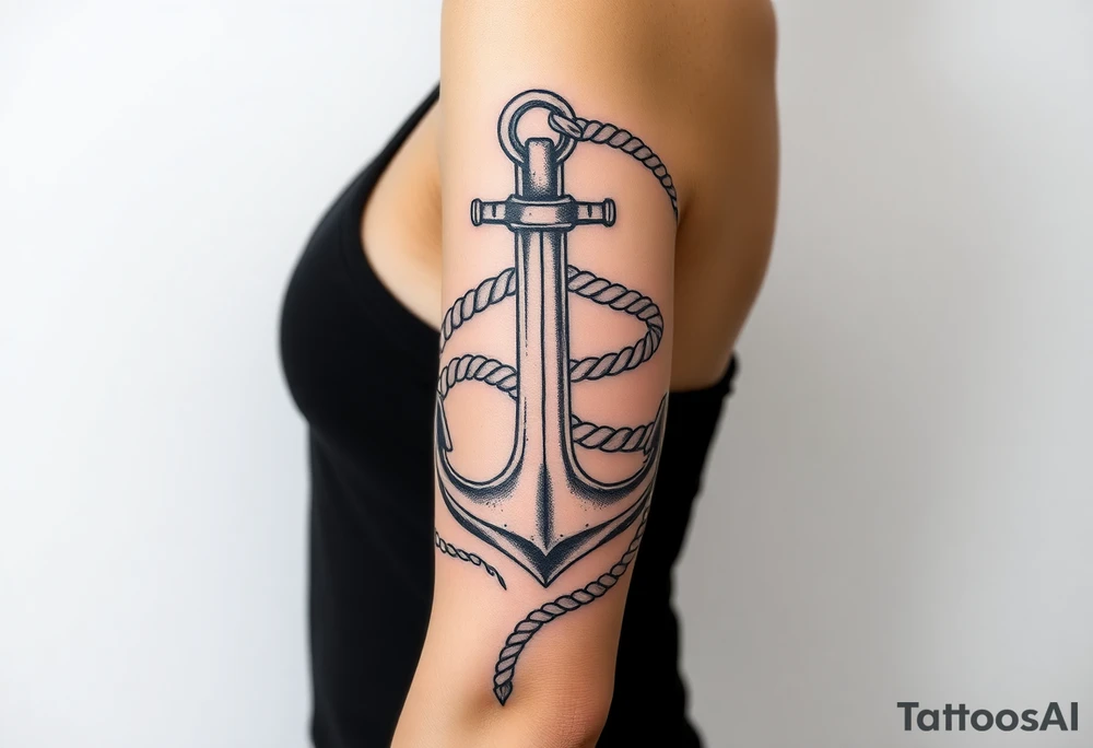weathered anchor wrapped in nautical rope with sea waves tattoo idea