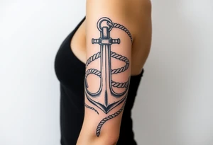 weathered anchor wrapped in nautical rope with sea waves tattoo idea