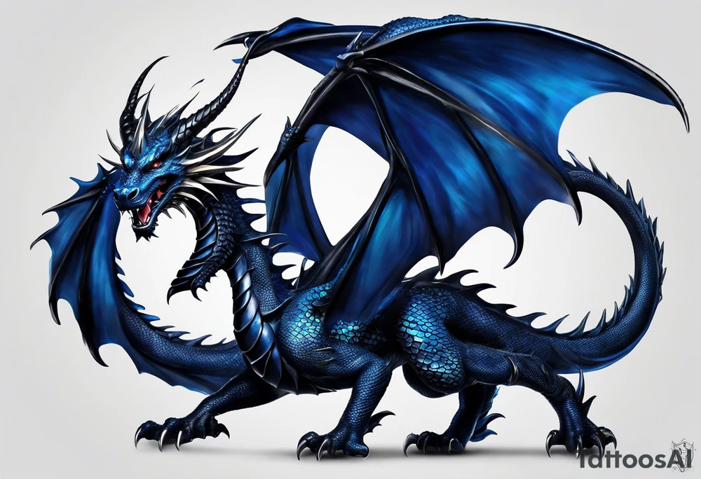 An epic floating dragon. Its long body coiling dynamically, with scales and horns detailed to create a sense of movement and strength. The dragon's main color is midnight blue, giving a vibrant depth and a mystical aura. This tattoo highlights the dragon’s fierce expression and sharp claws. tattoo idea
