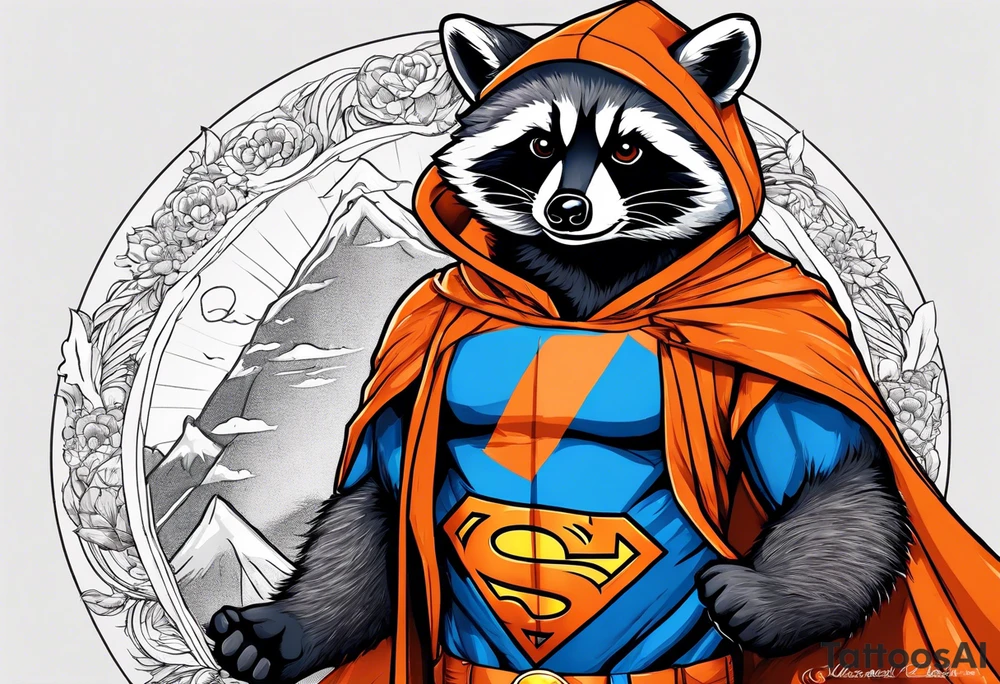 Raccoon wearing an orange Superman hoodie tattoo idea