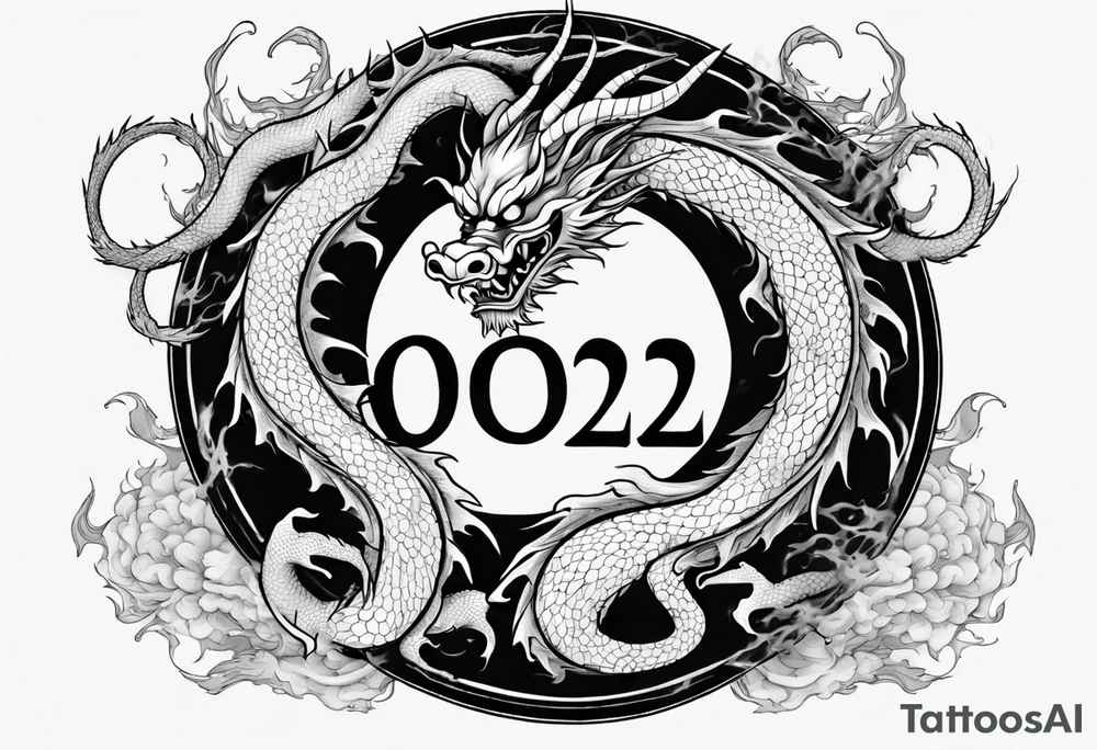Chinese dragon in a circular shape with "02.03" written on its skin tattoo idea