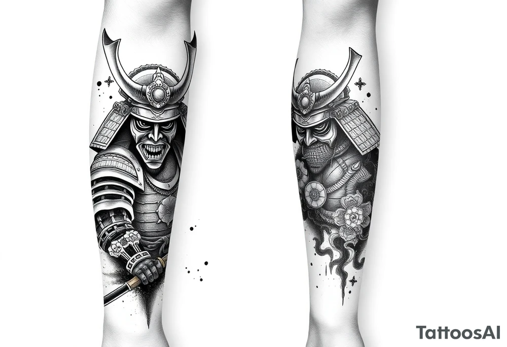 Japanese samurai warrior tattoo, highly detailed armor and helmet, traditional katana sword, intense warrior expression, ornamental patterns, bold linework, black and grey ink style, ink wash shading, centered layout, designed for forearm tattoo with future full sleeve expansion, minimal background tattoo idea