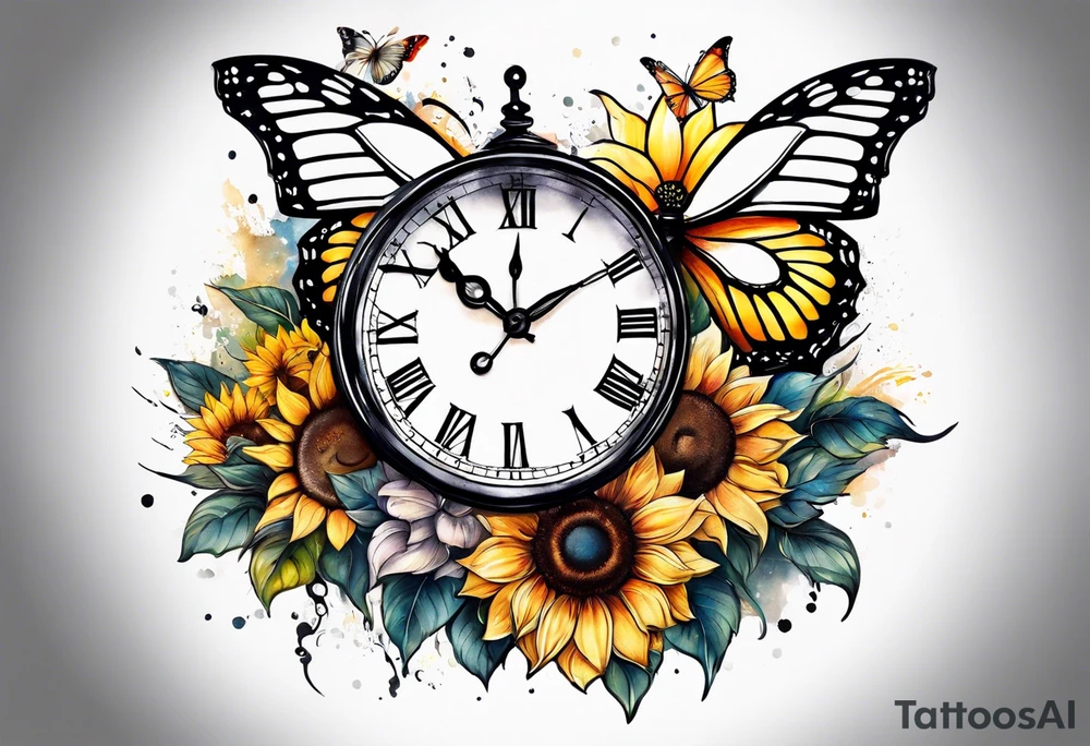 Sleeve with clock, sunflower and butterfly tattoo idea