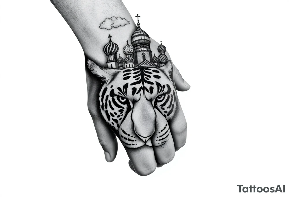 Realistic tiger face on the back of the hand with strong contrast and fine detail with hollow black eyes. with a highly detailed Russian Orthodox cathedral sitting above on fore arm with onion domes and orthodox crosses, done in fine line, engraving-like style. Cohesive composition, black ink only, no color, high contrast, slightly aged, documentary-style, plain light background. with clouds above and a virgin mary 
spanning from my hand to lower fore arm tattoo idea