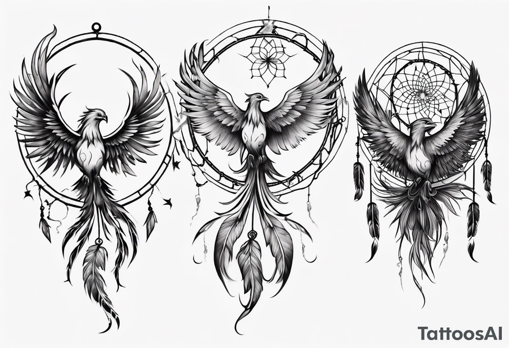 Fire Phoenix flying blending into dream catcher tattoo idea