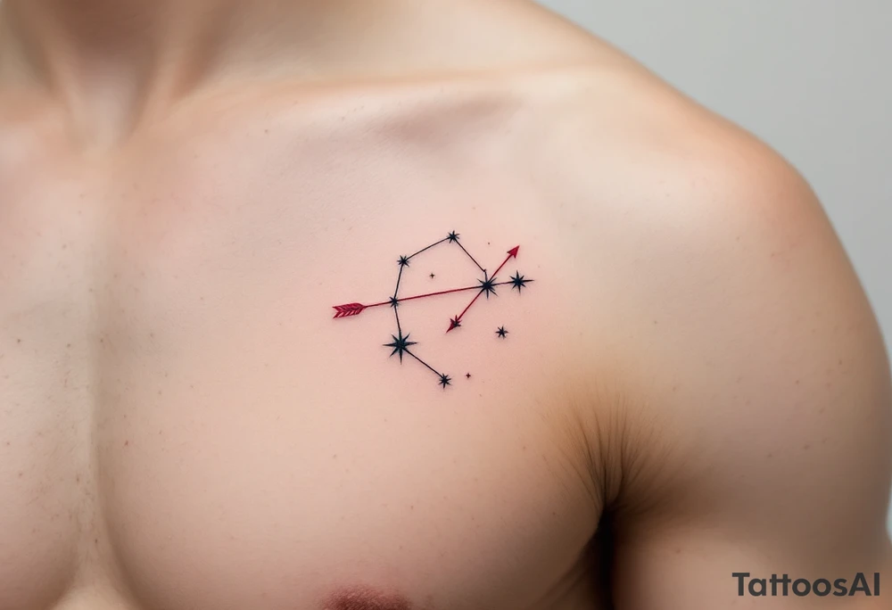 A fine-line Sagittarius star constellation tattoo with a bold red arrow shooting across the stars on the ribcage. tattoo idea