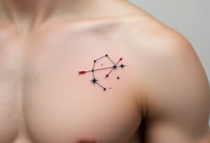 A fine-line Sagittarius star constellation tattoo with a bold red arrow shooting across the stars on the ribcage. tattoo idea