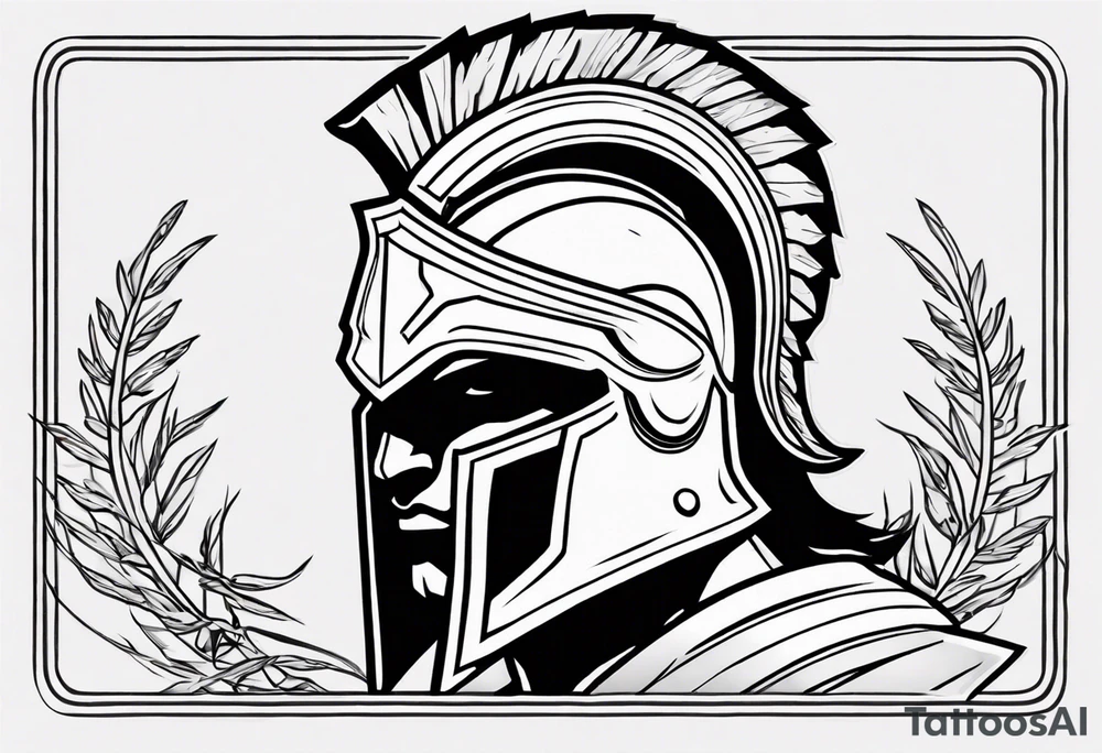 rectangular landscape format ultra-fine line linework vector of a spartan from the side, spartan spear, spartan shield, laurel wreath tattoo idea