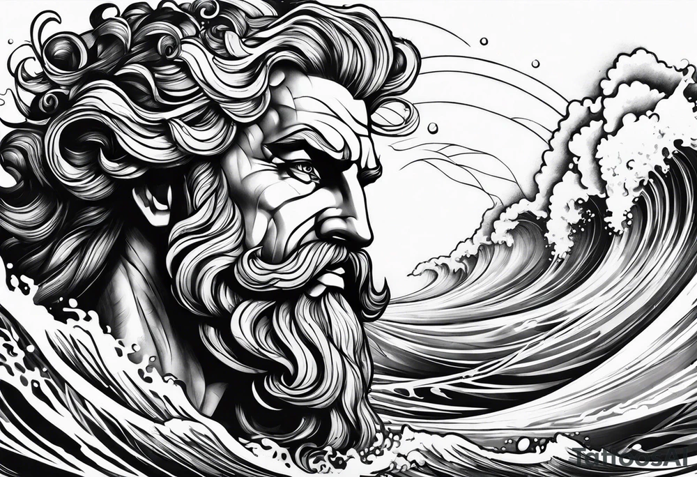 Poseidon steht in einer Welle im Meer tattoo idea