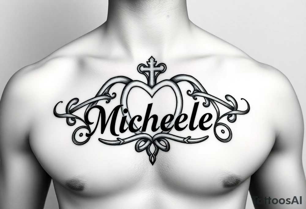 Create a tattoo on a man’s chest of the name Michelle. Celtic knot and claddagh tattoo idea