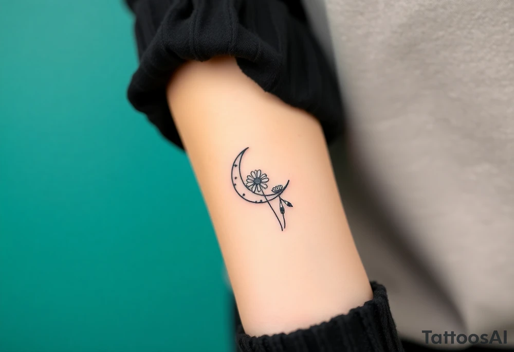 Small black and white tattoo waxing crescent moon with small Daisy birth flower and tiny Leo gliph tattoo idea