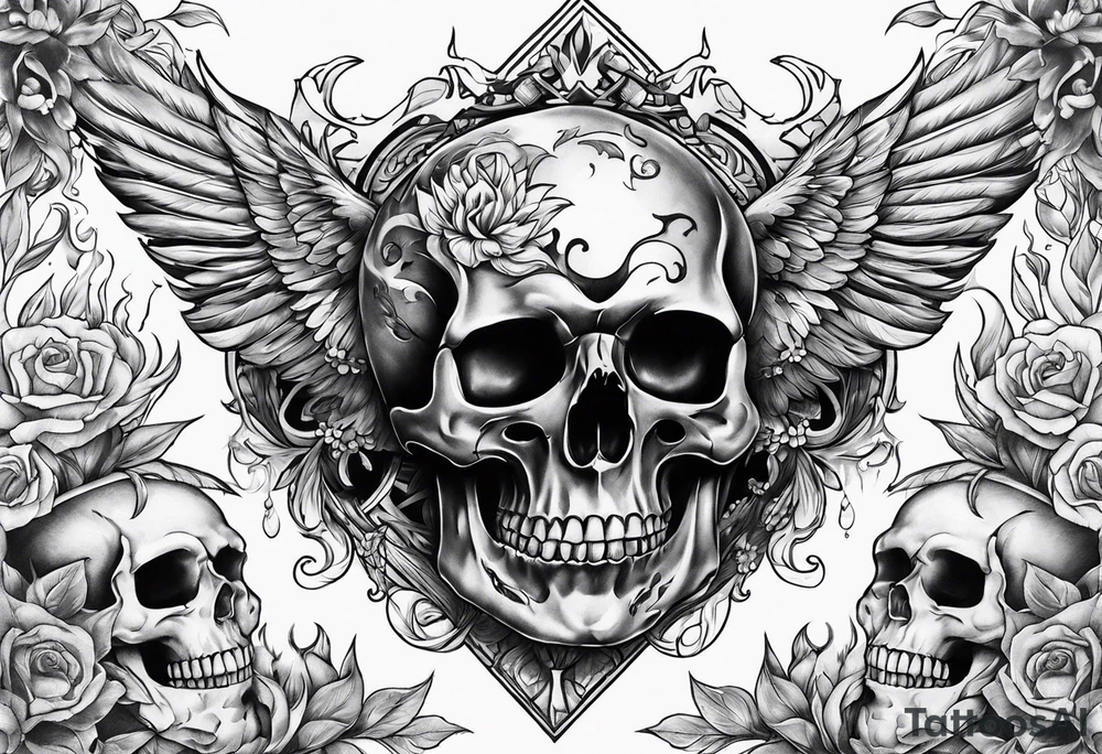 Chest tattoo with skulls and fire tattoo idea