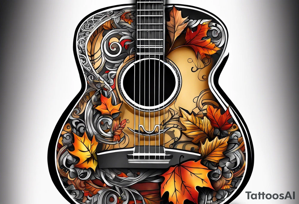 thigh tattoo with fall colors music symbols and a guitar tattoo idea