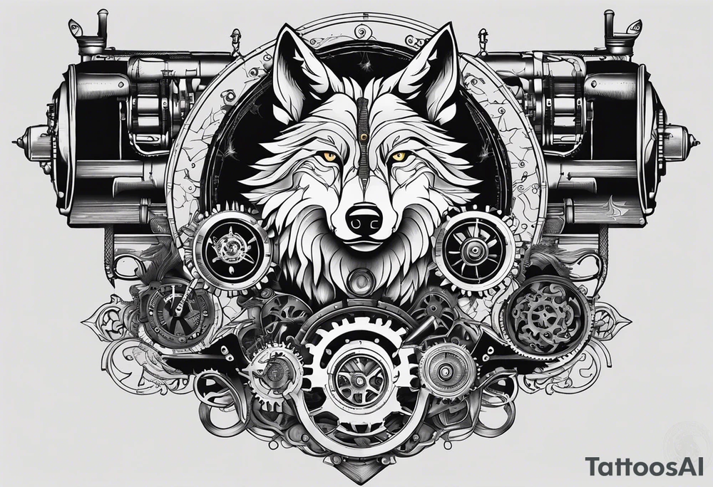 Powerful wolf powered by an engine featuring an "steampunk desing" in the image appears a psiton and a turbo, also the dseign must be vertical tattoo idea