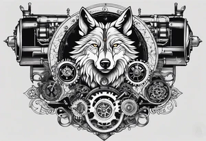 Powerful wolf powered by an engine featuring an "steampunk desing" in the image appears a psiton and a turbo, also the dseign must be vertical tattoo idea