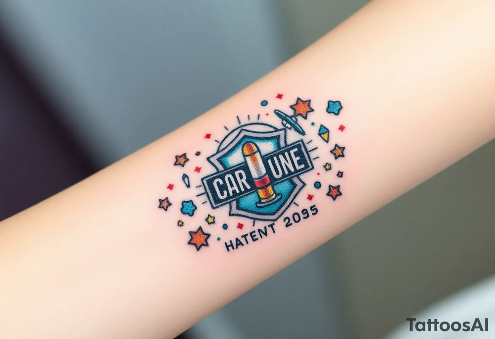colorful futuristic memory tattoo for passed boyfriend;, star wars, space, Harley Davidson, skateboarding, puzzle pieces, video games, heaven, god, outdoors, 9mm bullet, words MEMENTO MORI & DARTH CARTER 12/29/88-01/06/2025 tattoo idea