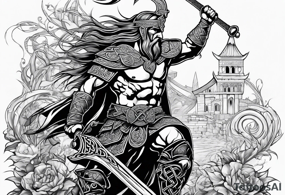 Full body side profile of Celtic warrior walking into battle tattoo idea