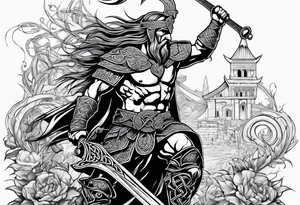 Full body side profile of Celtic warrior walking into battle tattoo idea