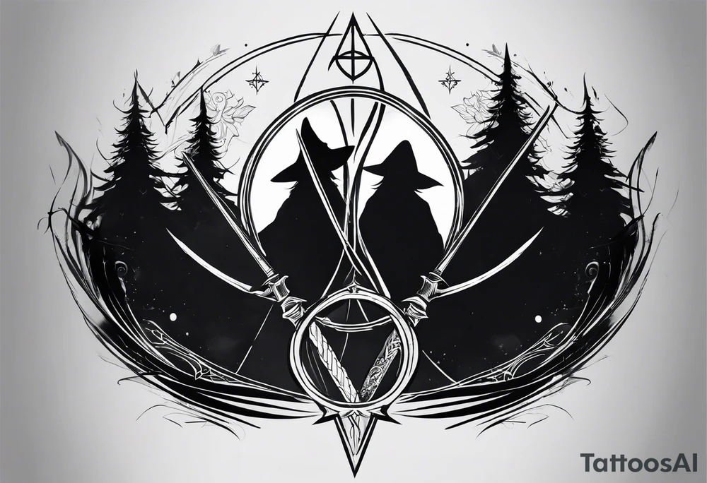 Lord of the rings with Harry Potter incorporated but clear visual of both movies. Small and minimal. Something like the deathly hallows symbol made out of swords and wizard staff from LOTR tattoo idea