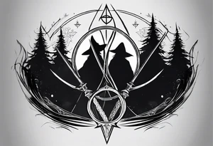 Lord of the rings with Harry Potter incorporated but clear visual of both movies. Small and minimal. Something like the deathly hallows symbol made out of swords and wizard staff from LOTR tattoo idea