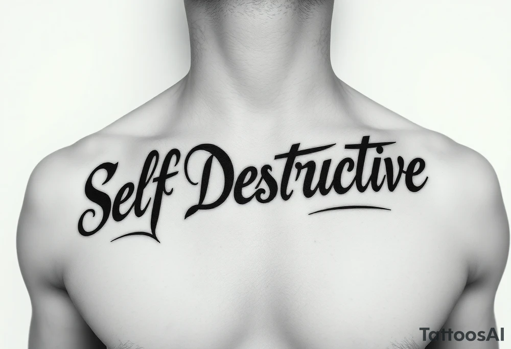 Outline of the words Self Destructive in a bold and thick gothic black letter cursive/ curly font lettering across the chest tattoo idea