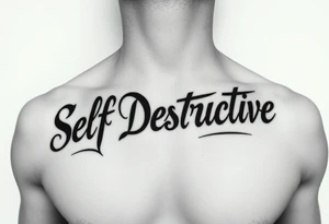 Outline of the words Self Destructive in a bold and thick gothic black letter cursive/ curly font lettering across the chest tattoo idea
