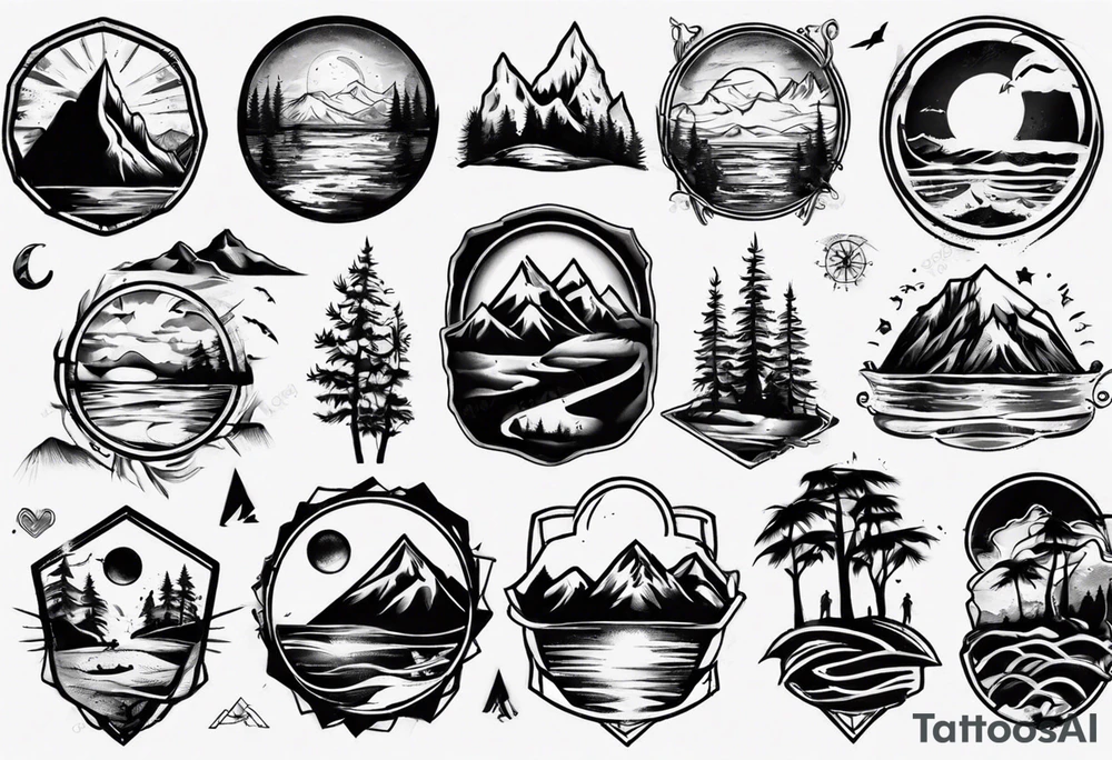 portrait tattoo with mountains, beach, waves, sunset, camping, trees tattoo idea
