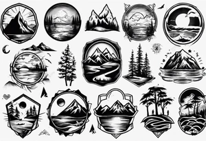 portrait tattoo with mountains, beach, waves, sunset, camping, trees tattoo idea