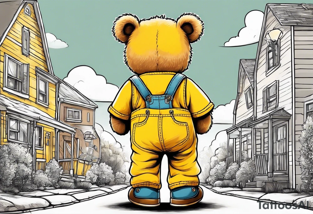 image of the back of a light brown teddy bear standing in yellow overalls, striped tank top and wearing boots and holding the hand of a little girl who is taller than him tattoo idea