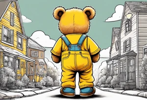 image of the back of a light brown teddy bear standing in yellow overalls, striped tank top and wearing boots and holding the hand of a little girl who is taller than him tattoo idea
