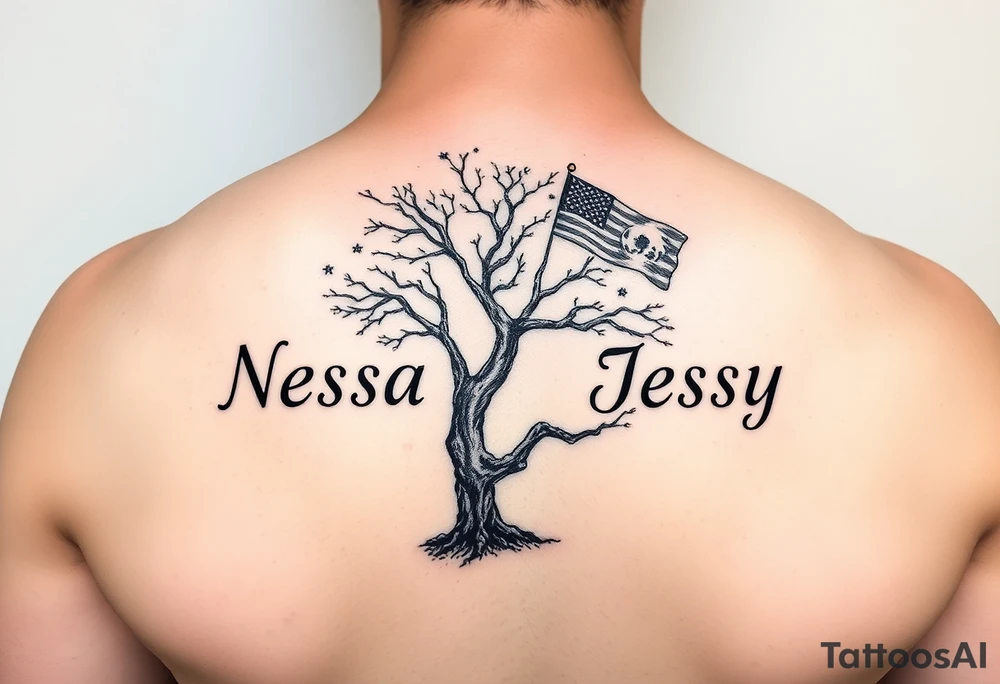 the name Nessa, Anne, Jessy in flags on a live tree tattoo idea