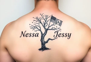 the name Nessa, Anne, Jessy in flags on a live tree tattoo idea