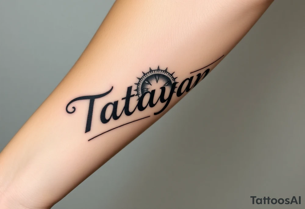 Forearm tattoo for a man using the name “Tatayana” Starting from the wrist, stretching to the elbow with the sun and moon Incorporated tattoo idea