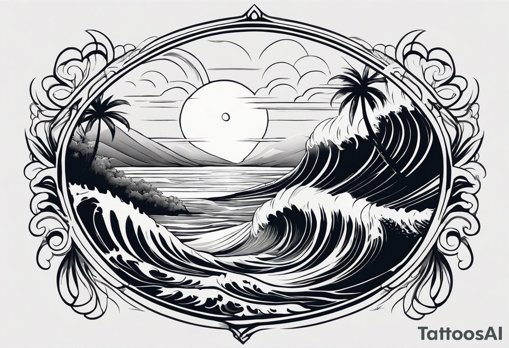 Design a large chest tattoo featuring a crashing wave at the center, with palm trees gracefully positioned on either side. The ocean’s curves should integrate names written in flowing script, resembling water movements. The overall style is serene and meaningful, combining family elements with nature. tattoo idea