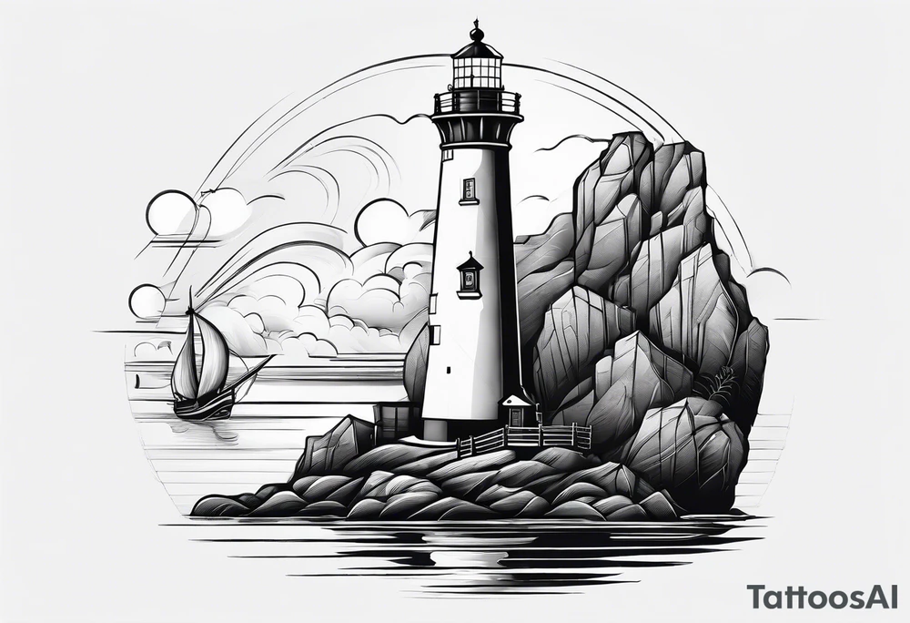 maritime lighthouse partially hidden by its  large fixed sails. tattoo idea