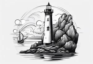 maritime lighthouse partially hidden by its  large fixed sails. tattoo idea