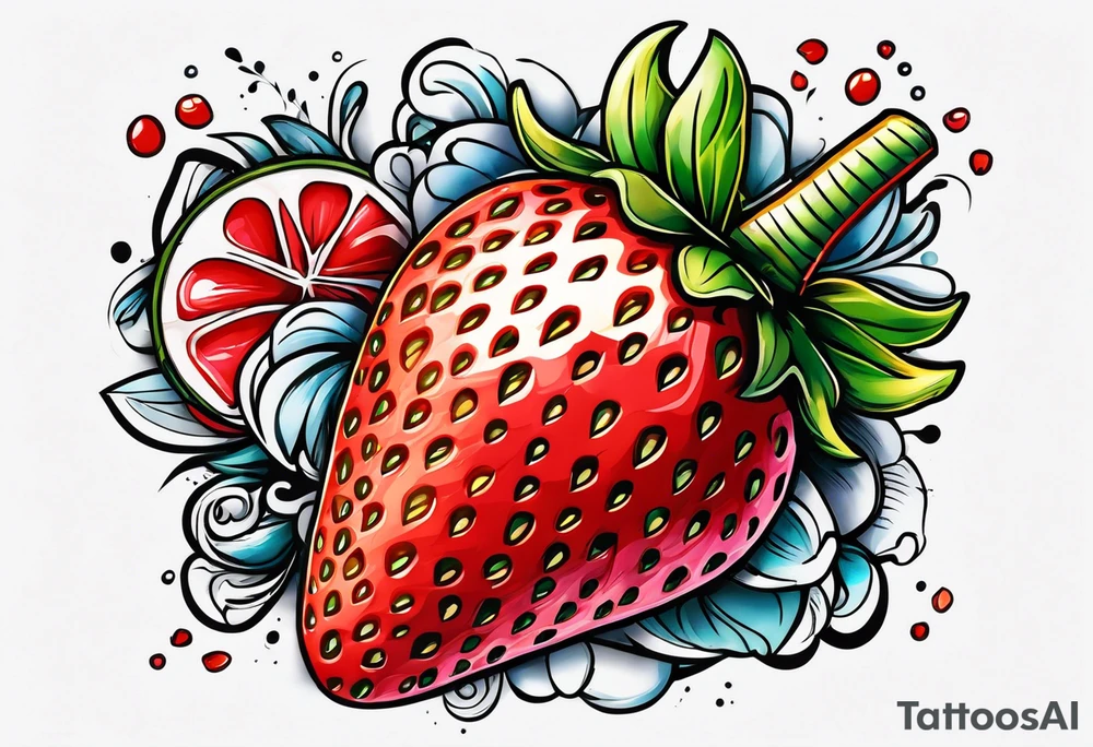 One strawberry wrapped in banner saying Pops tattoo idea