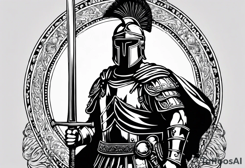 a black and white illustration of a roman soldier from AD 60, wearing armor which must include an armoured belt, breastplate, armoured shoes, shield, helmet and sword.
the soldier must look strong. the soldier is faceless. tattoo idea