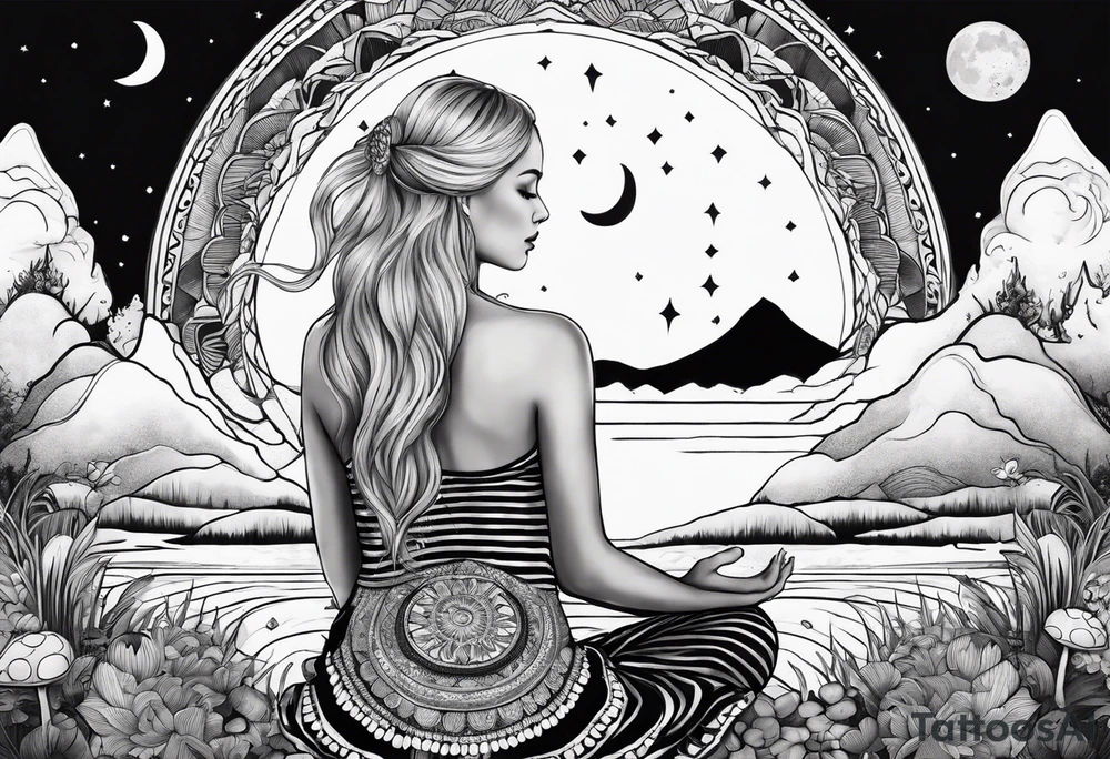Straight blonde hair girl meditating facing away toward mountains surrounded by mushrooms crescent moon mandala circular design black and white striped dress tattoo idea