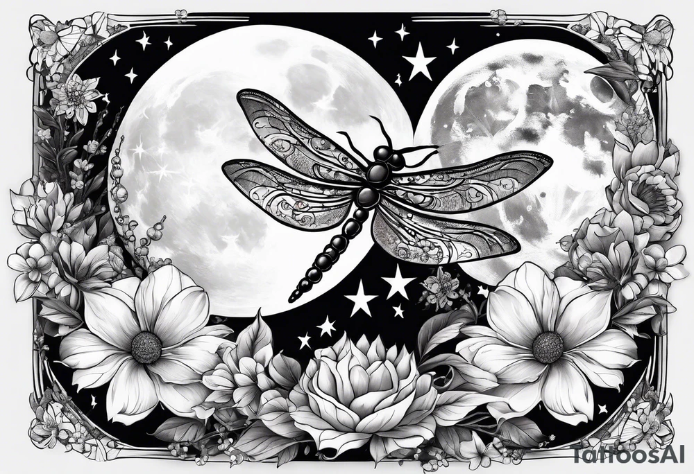 Floral moon phases with dragonfly and chain with stars going up and down tattoo idea