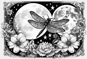 Floral moon phases with dragonfly and chain with stars going up and down tattoo idea