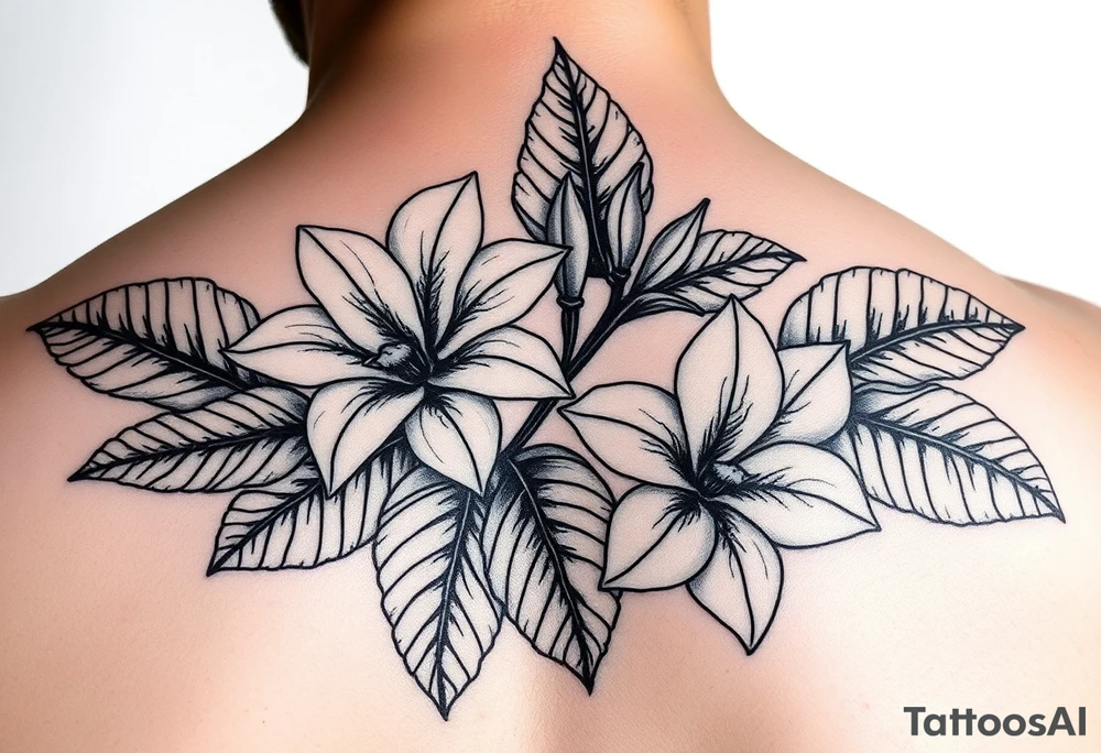 feminine realistic tattoo 

Sampugita flowers, anahaw leaves, tropical foliage tattoo idea