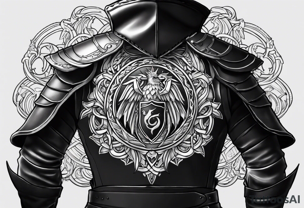 half sleeve, upper arm and shoulder, leather armor.  The crest on the shoulder is an ouroboros tattoo idea