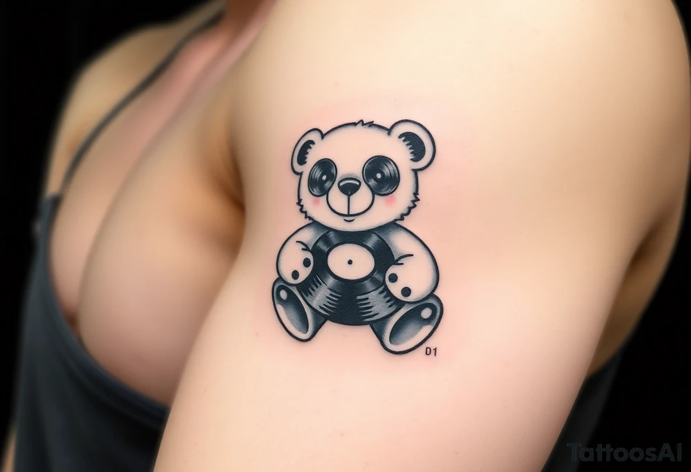 minimalist teddy bear with vinyl records as eyes smiling and sitting on a record tattoo idea