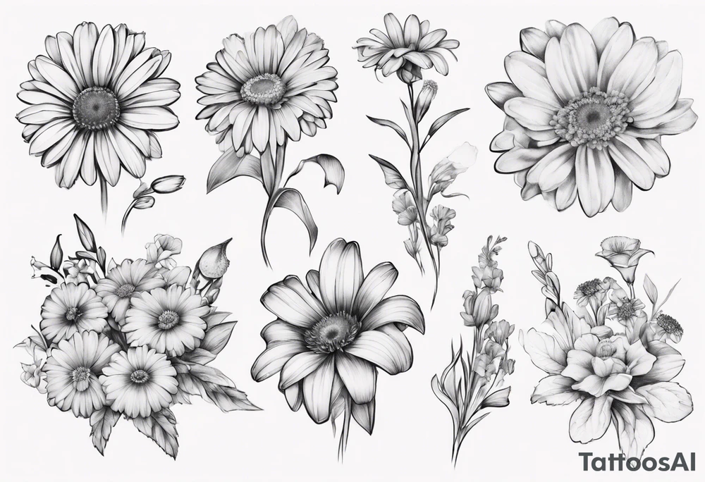 a fine line, dainty bouquet of a gerbera daisy, an iris, blue bells, and forget me nots, tied together with a small bow. not super shaded and detailed tattoo idea