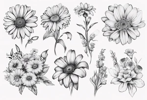 a fine line, dainty bouquet of a gerbera daisy, an iris, blue bells, and forget me nots, tied together with a small bow. not super shaded and detailed tattoo idea