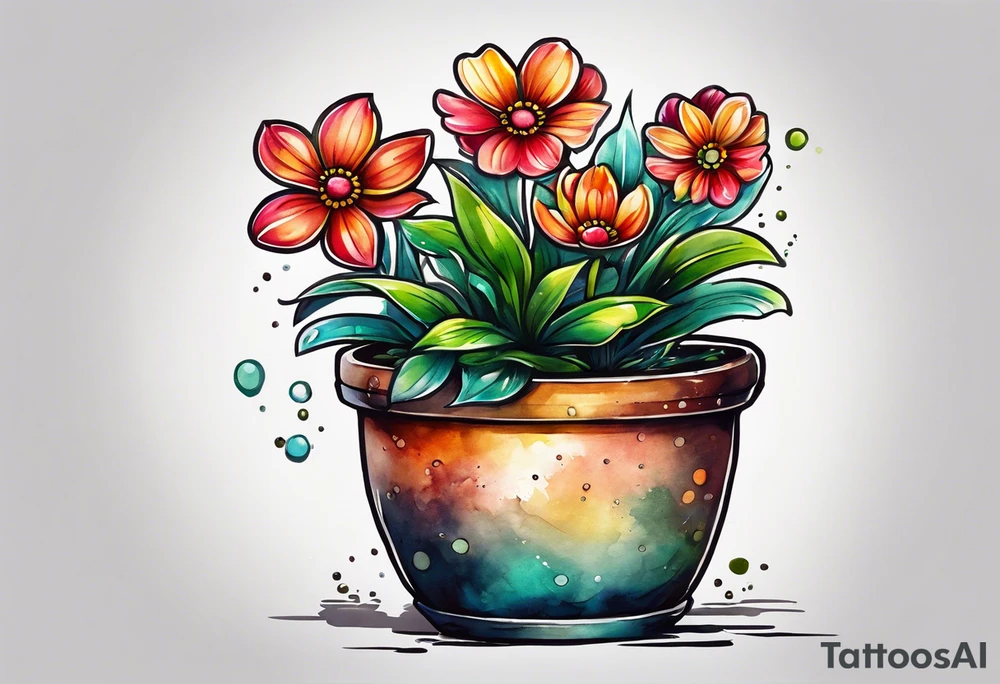 I would like a tattoo of a small-sized flower pot. Coming out of the flower pot should be the stem of a flower that has not bloomed. tattoo idea